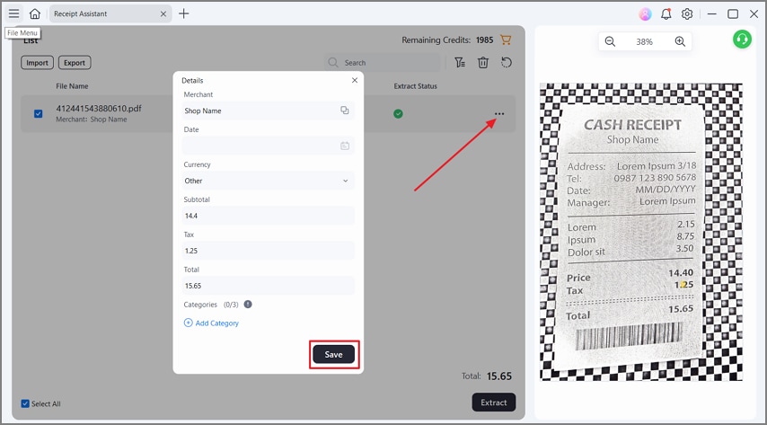 review edit extracted receipt data