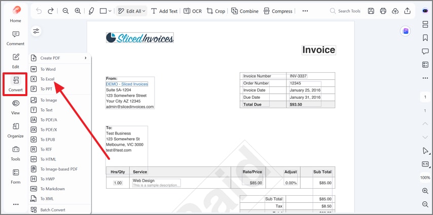 convert PDF to Excel in the current PDFelement interface
