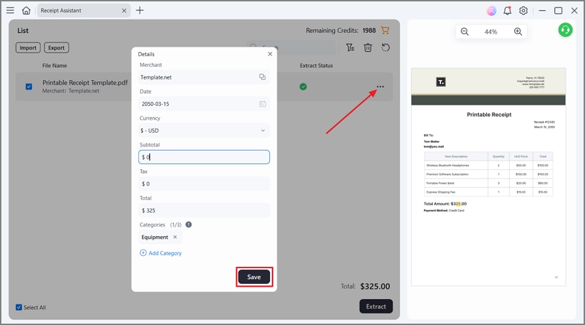 review edit extracted receipt details