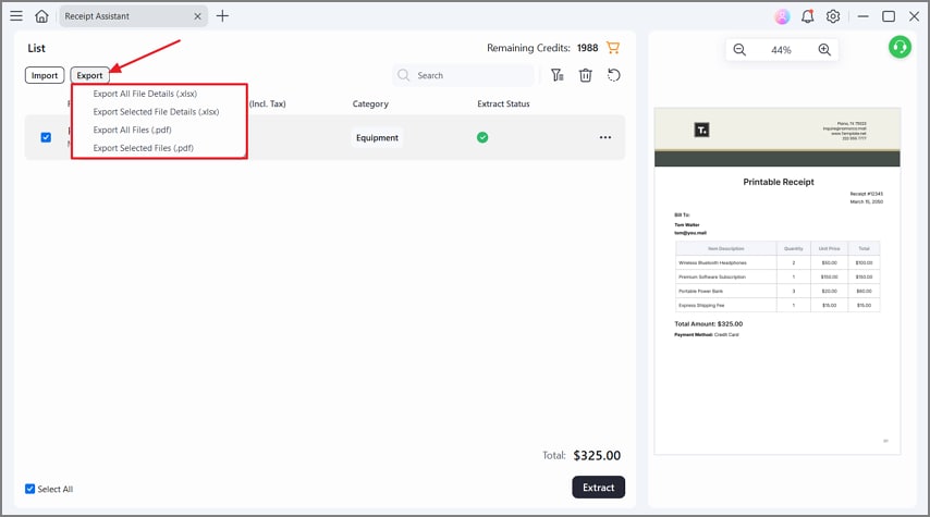 export extracted details multiple formats
