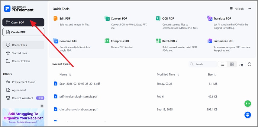 choose open pdf in pdfelement