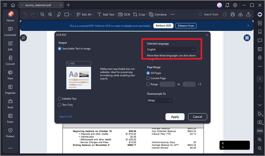 select language before ocr