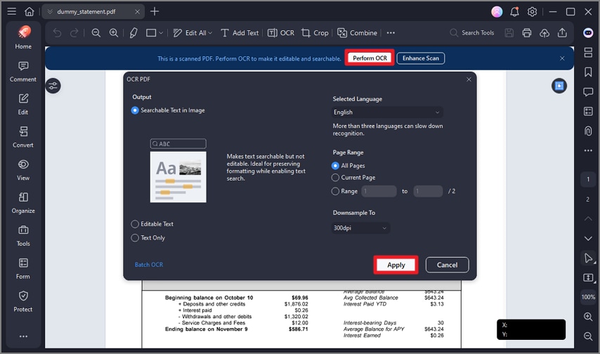 perform ocr on pdf statement