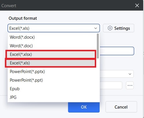 setting excel as the output format