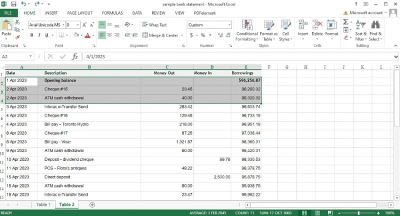 organizing the financial data in excel