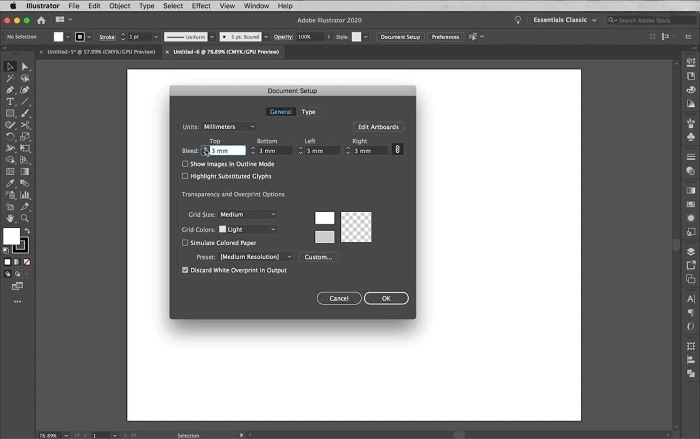 adobe illustrator document setup dialogue box