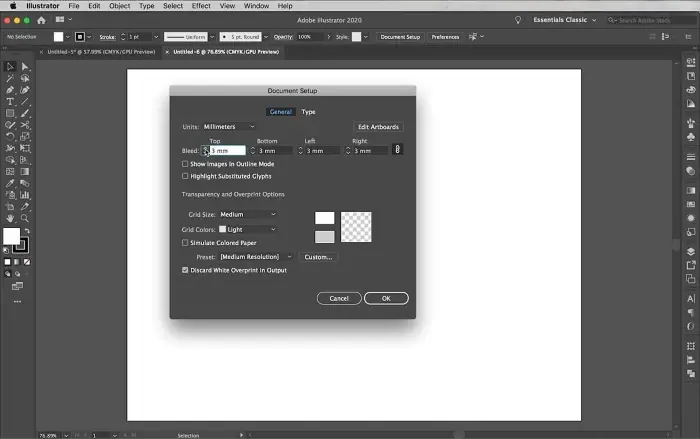 boîte de dialogue pour la configuration d'un document adobe illustrator