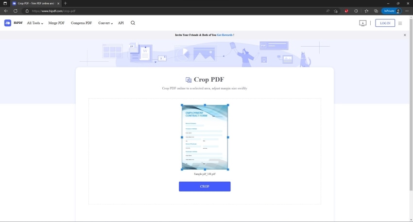 hipdf crop pdf page interface