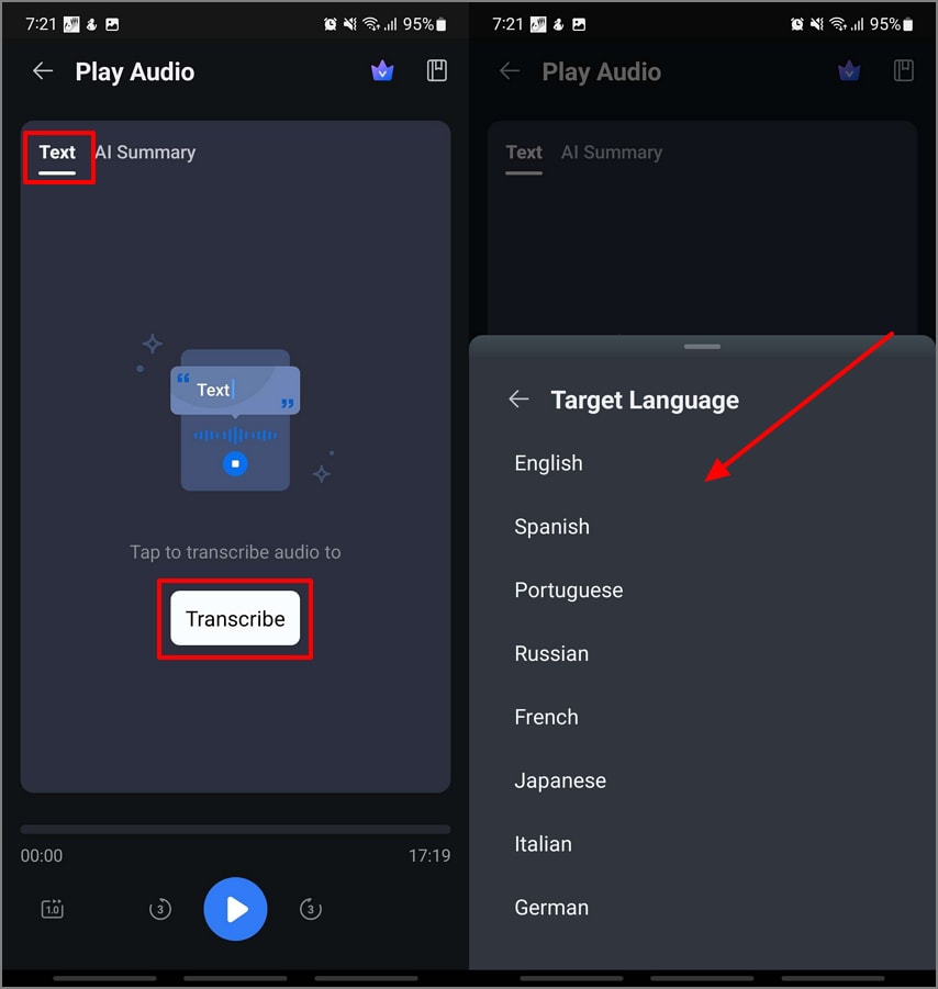 transcribe lecture ai change language