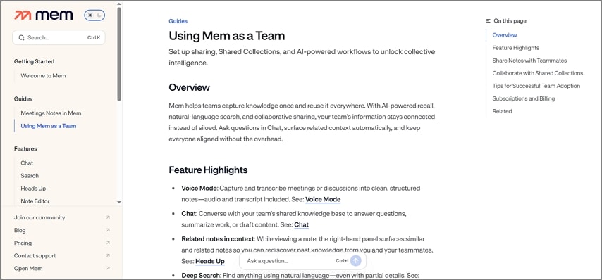 mem ai tool large notes organization