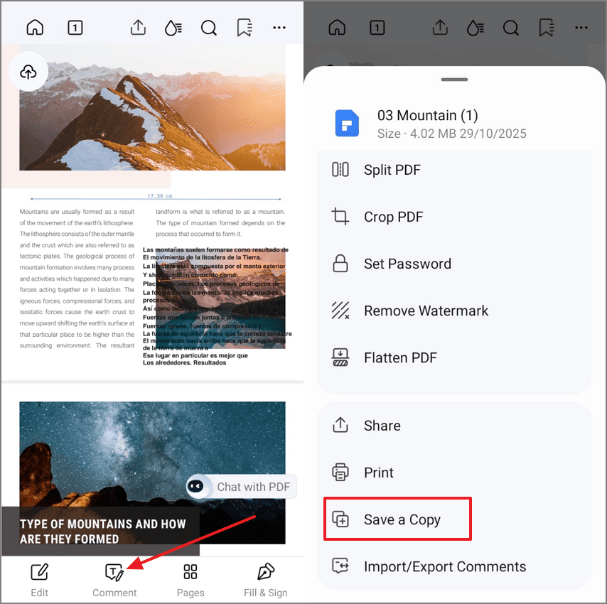 save translated content pdf file