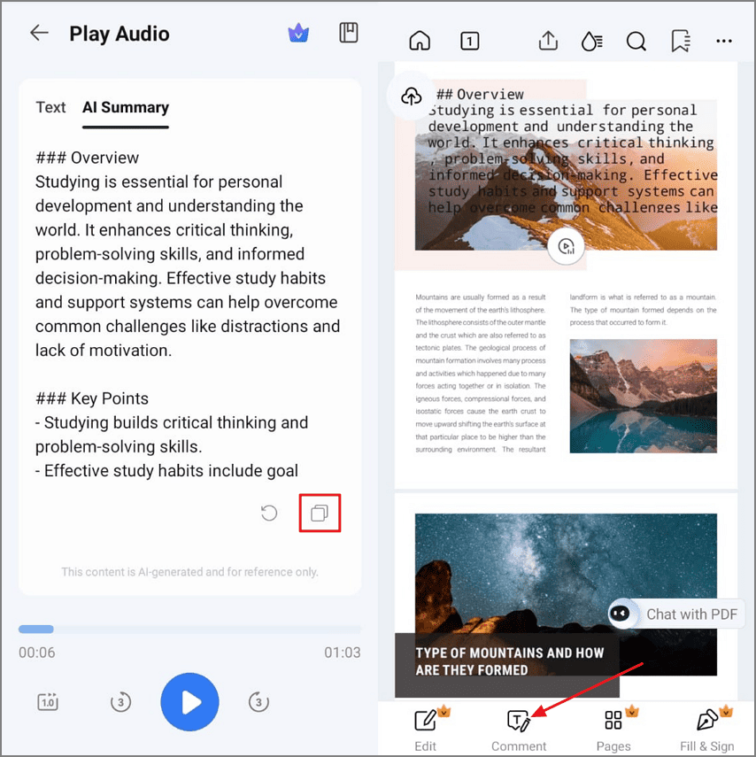copy summarized text paste pdf