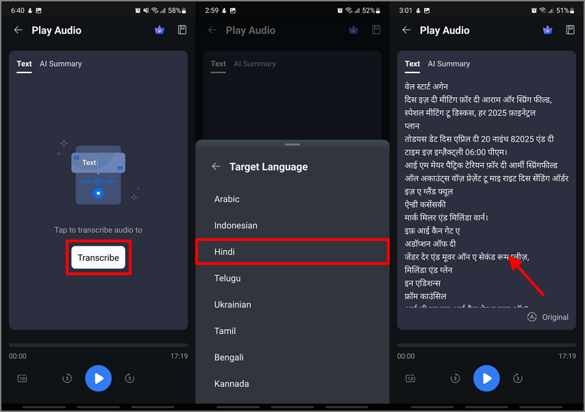 translate transcription in another language