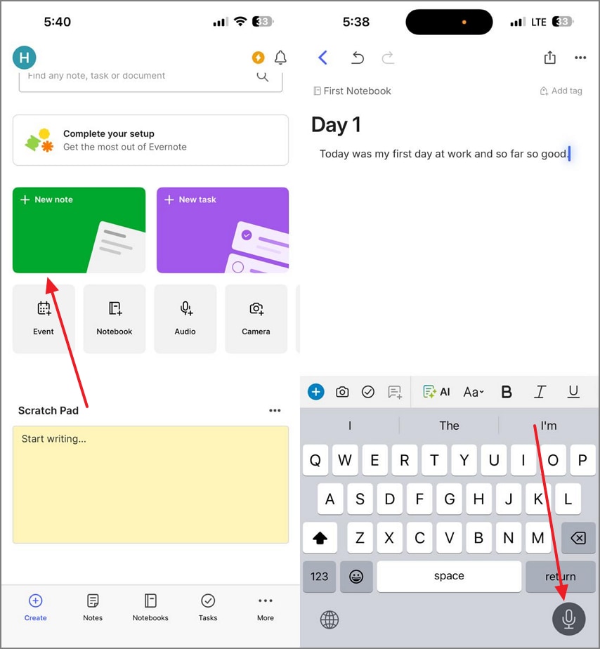 use built in dictation app evernote