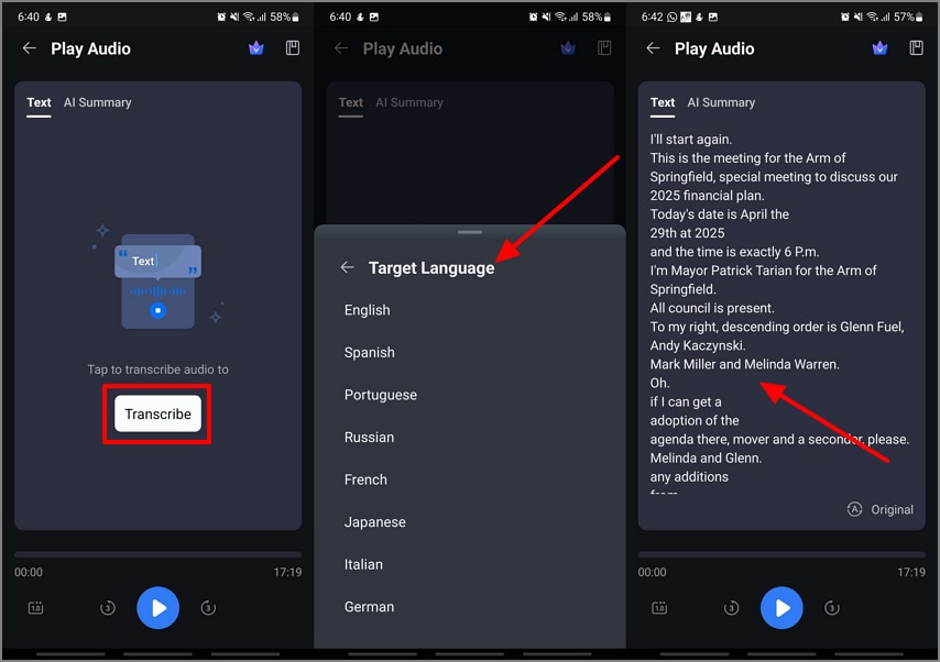transcribe audio to preferred language