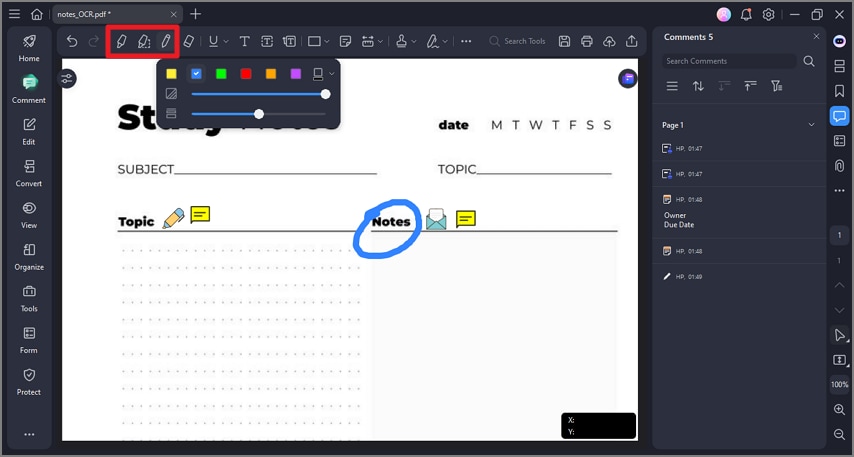 markup data in notes