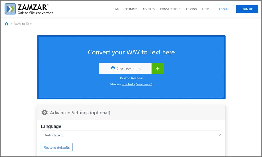 zamzar online converter wav to text