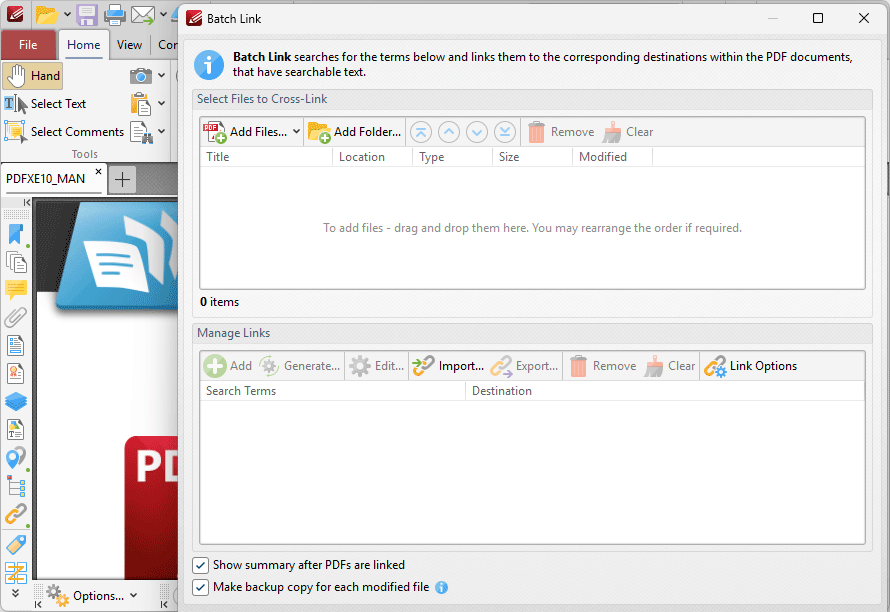 PDF-XChange Editor interface showing advanced document tools and batch link feature