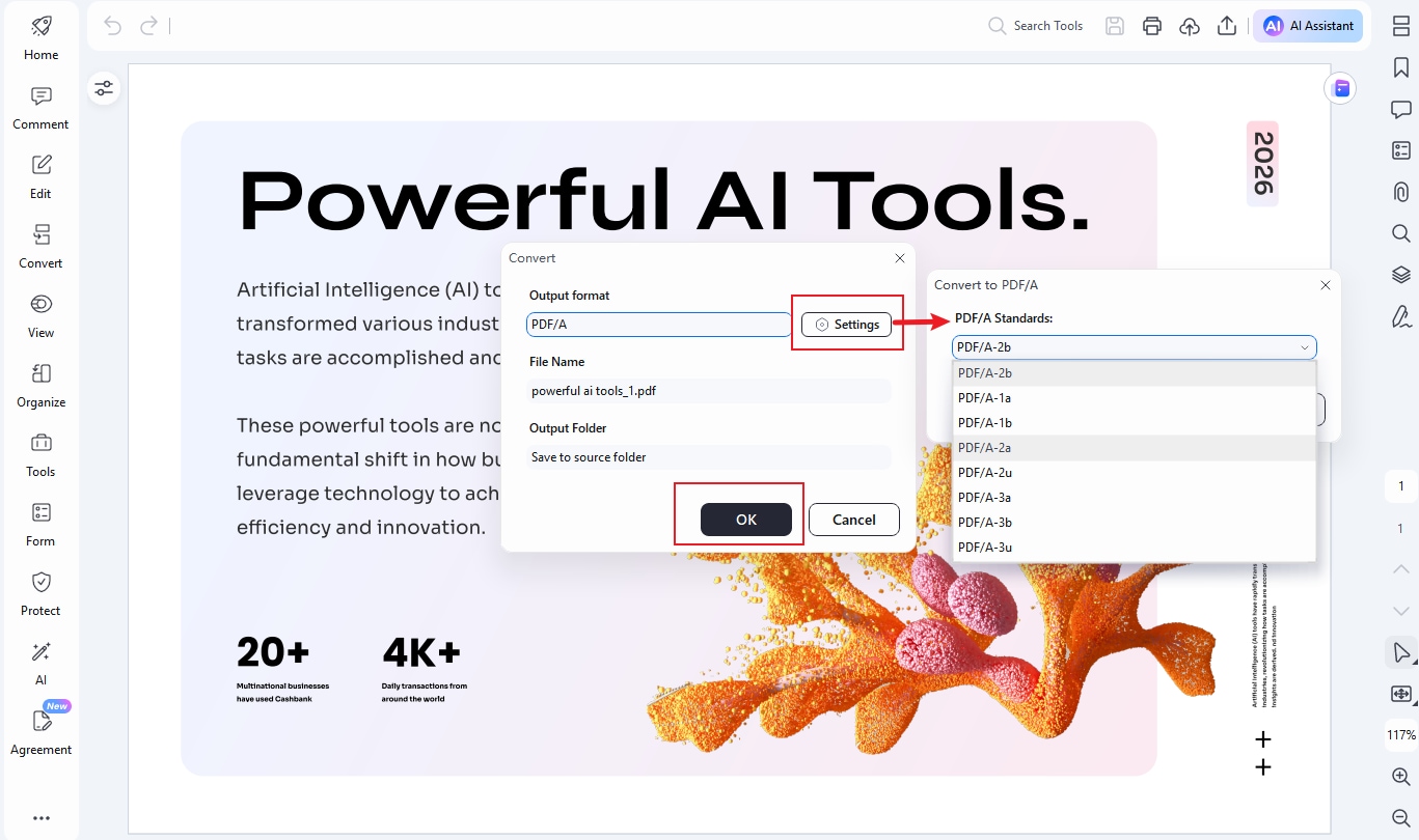 pdf to pdf/a settings