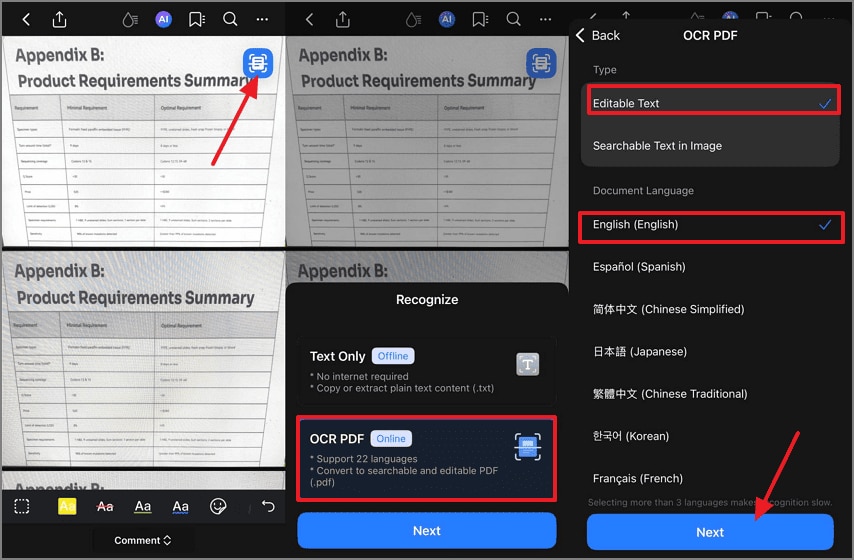 choose ocr select settings tap next