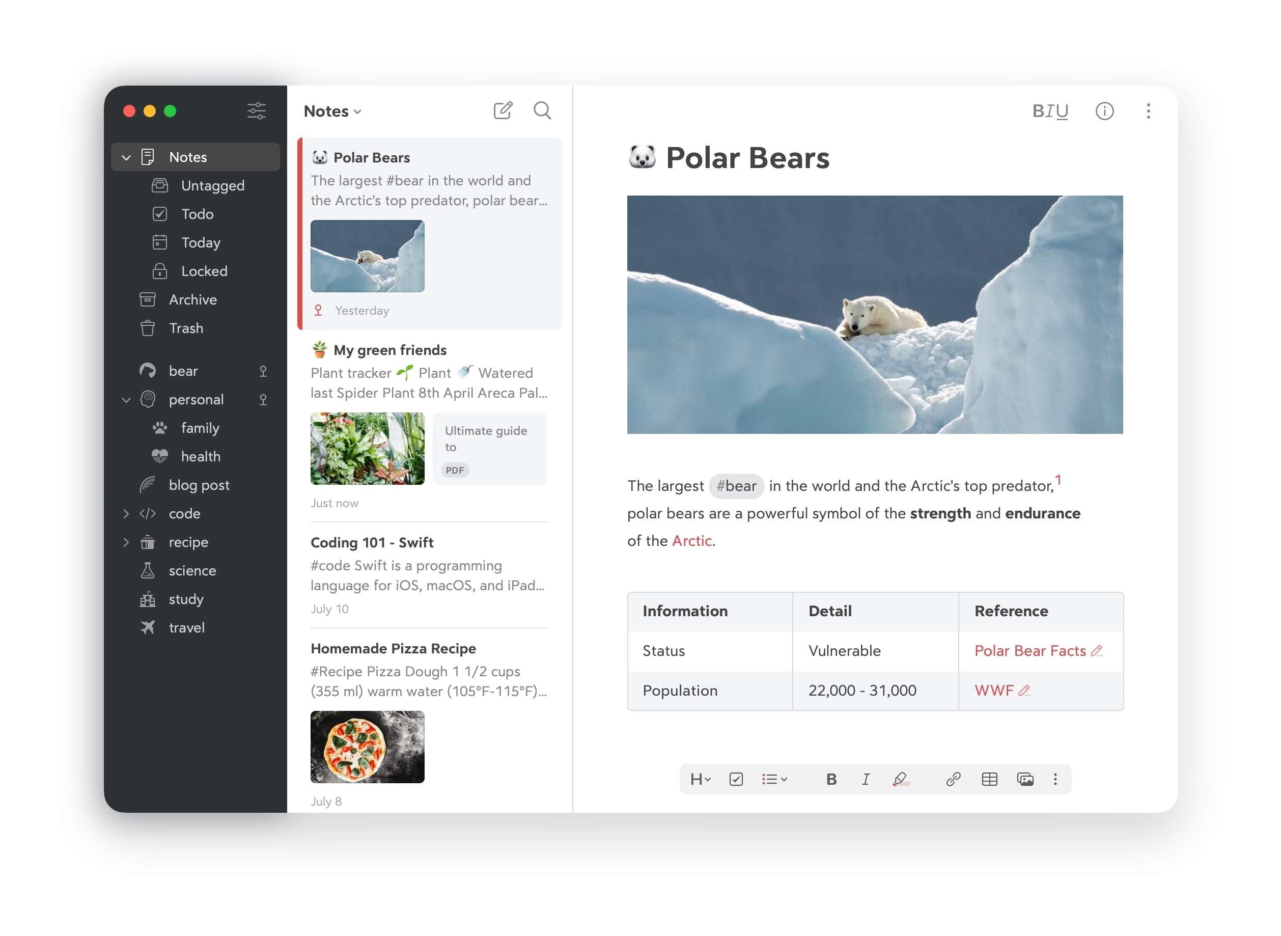 the user interface of bear app