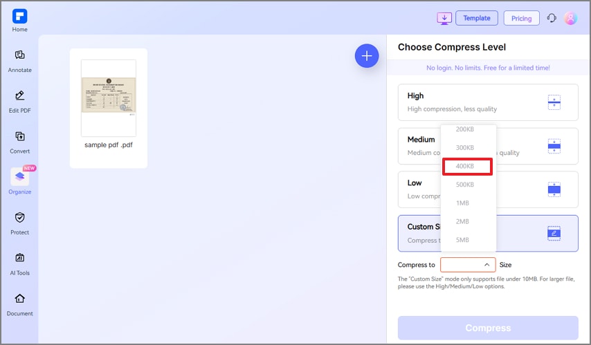 select the custom size