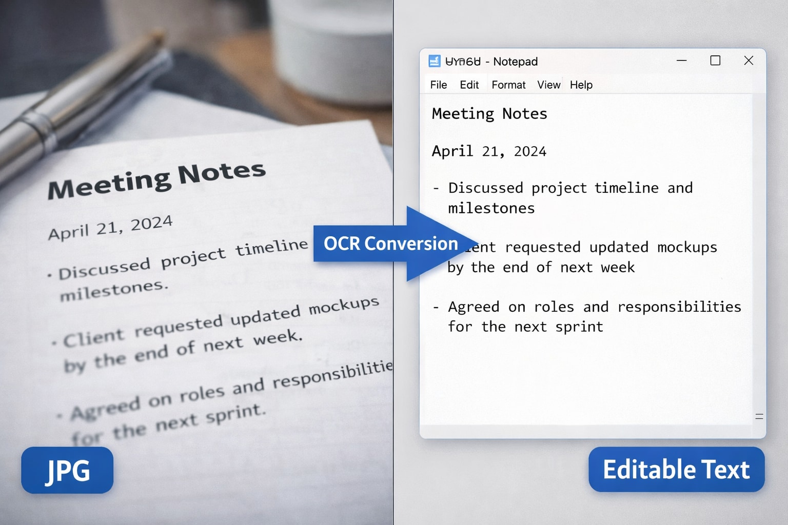 A split screen graphic showing a JPG image on the left with text in it, and a clean, editable Notepad text document on the right with an arrow labeled 'OCR Conversion' in the middle