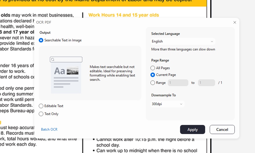 apply ocr settings in pdfelement