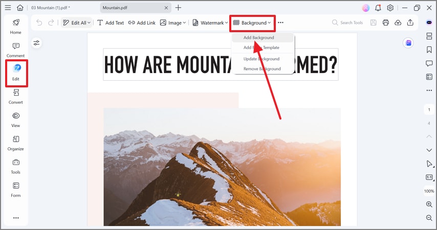 add background from edit mode