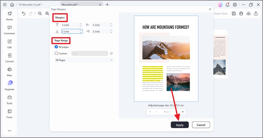 select margin and page range
