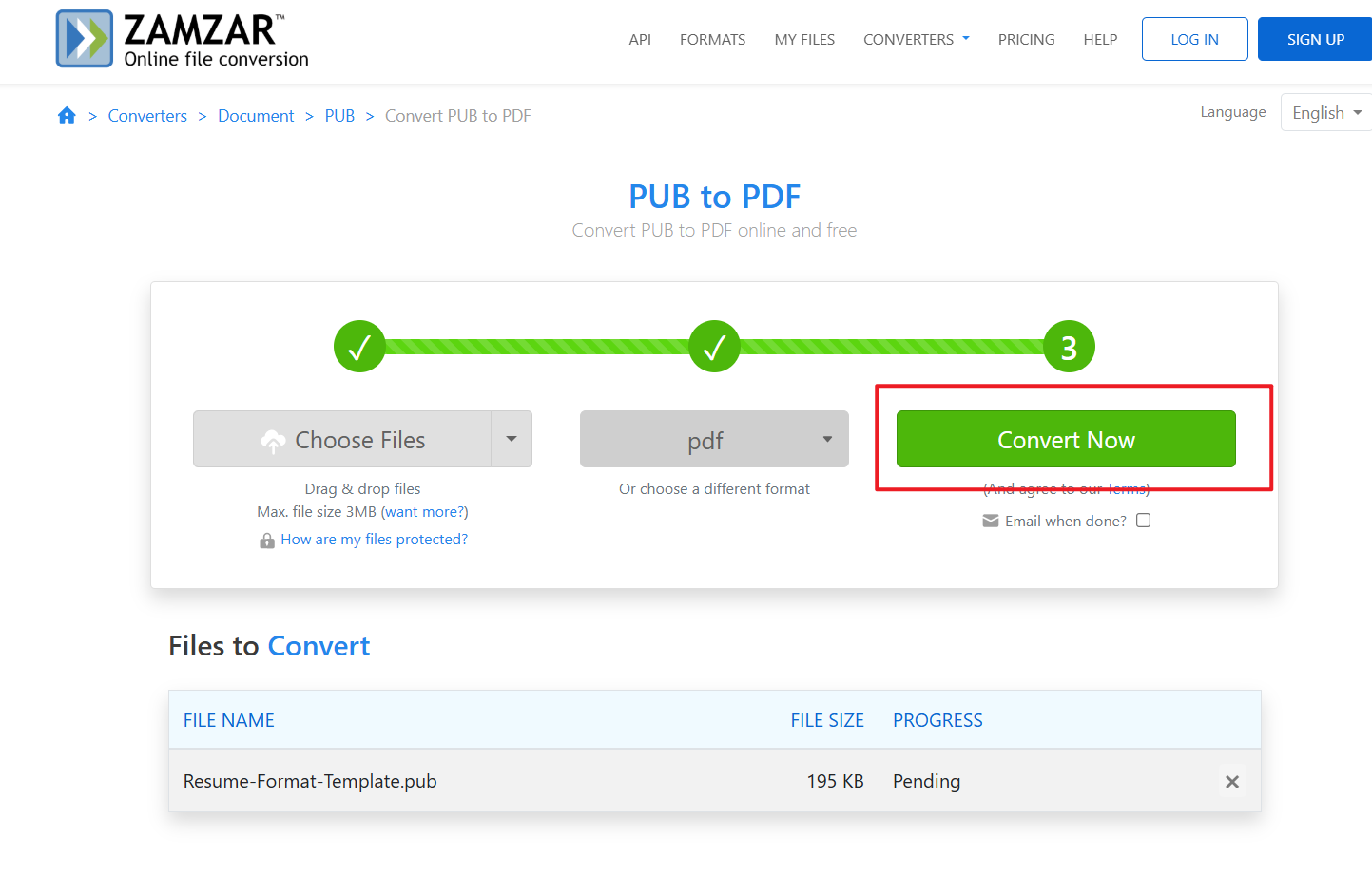 zamzar start convert