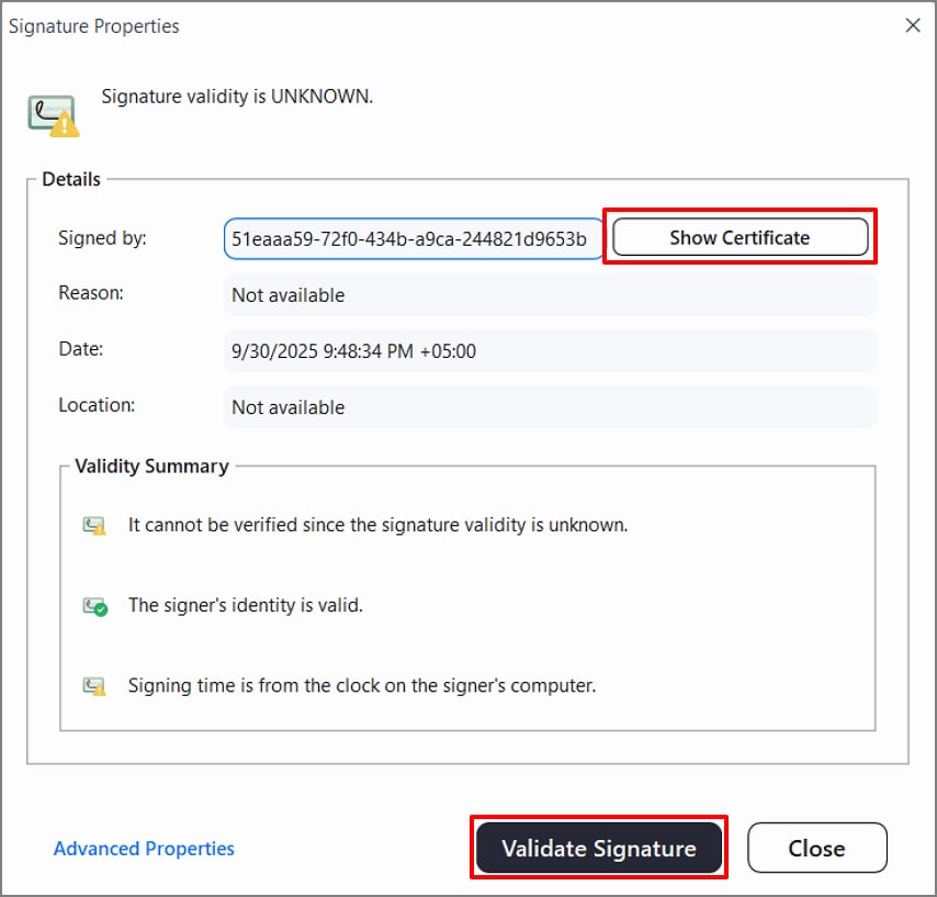 validate signature view certificate