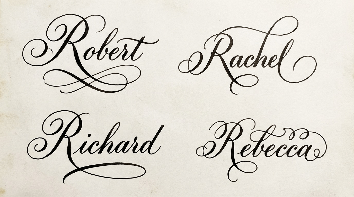 Elegant script signature styles for names starting with R