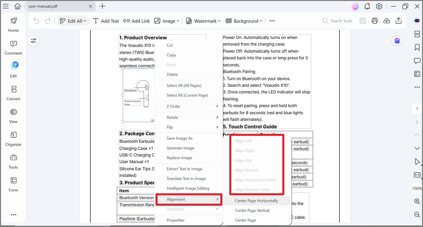 choose alignment options