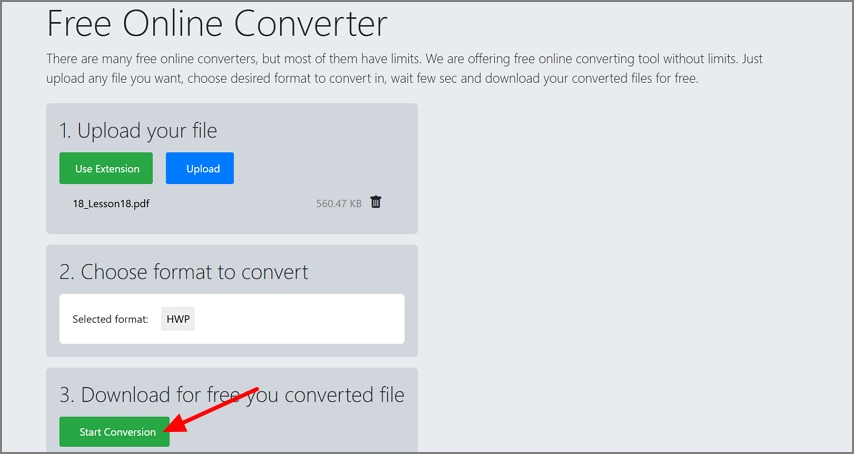 click start conversion button