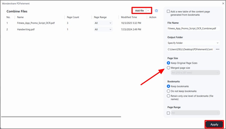 add and combine pages