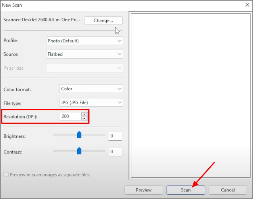 set resolution start scanning