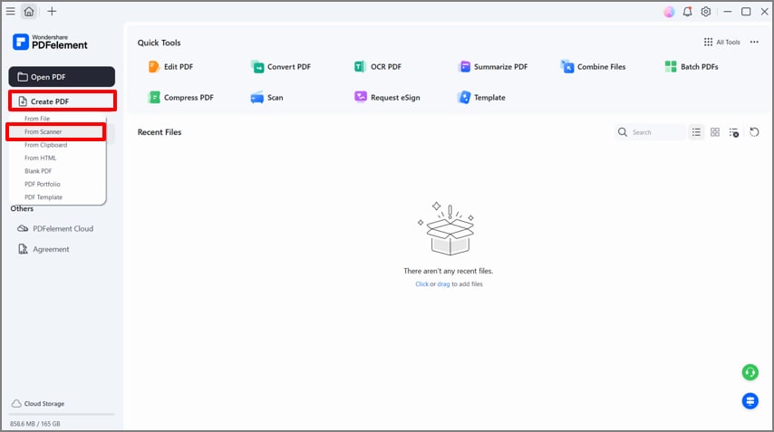 start pdfelement create pdf from scanner