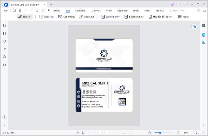 editing the pdfelement business card template