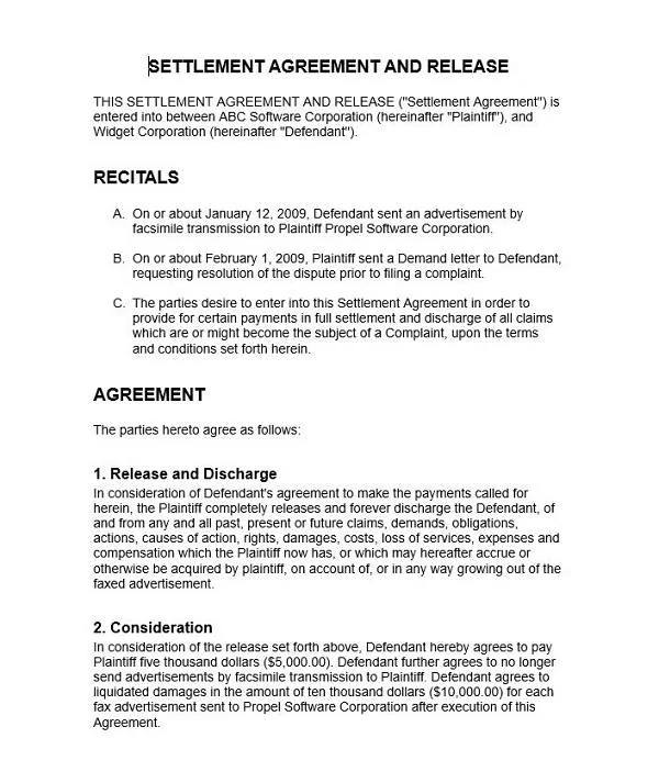 settlement agreement sample