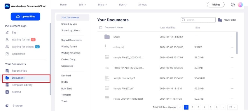 document tab in wondershare document cloud