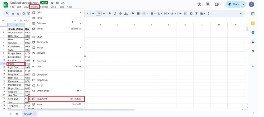 adding a comment in google sheets
