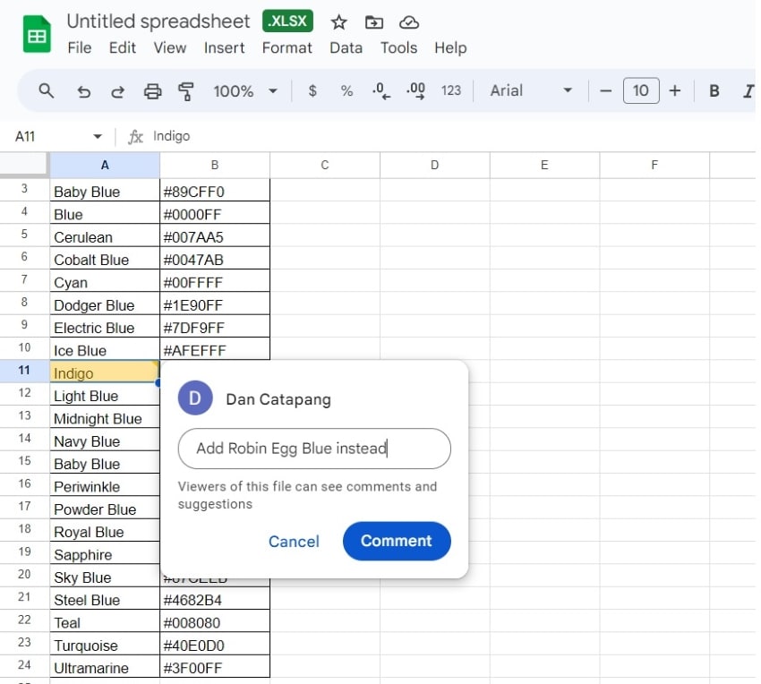 posting the comment in google sheets