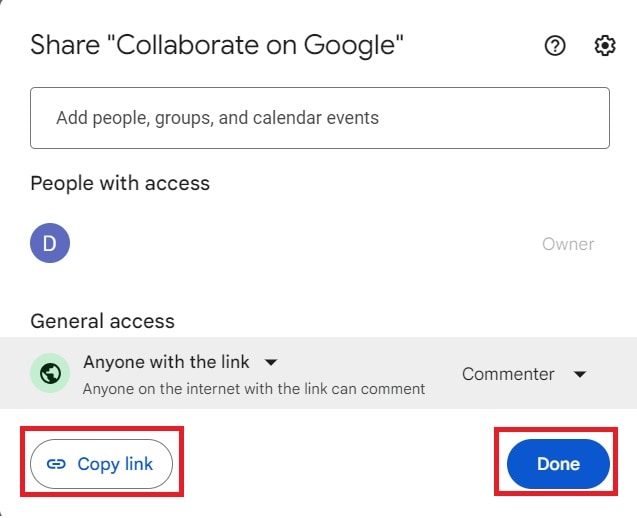 copying the google docs shareable link