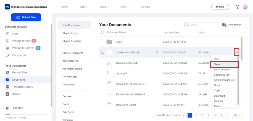 share option in wondershare document cloud