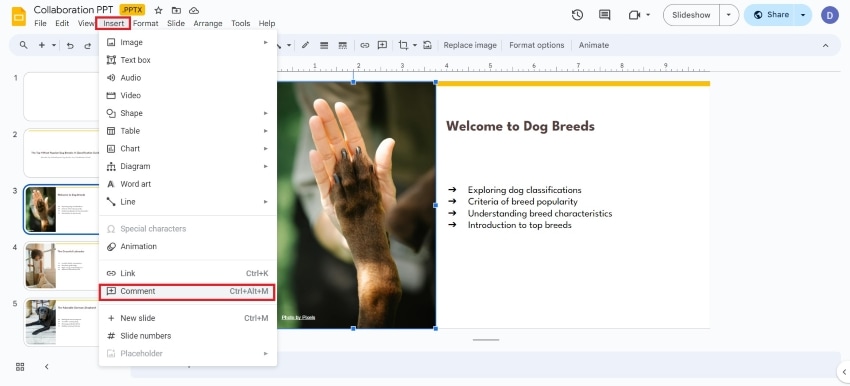 inserting new comment in google slides