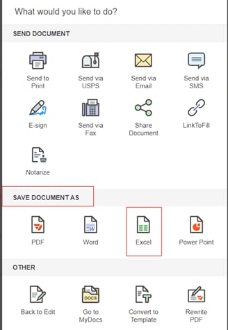 pdffiller save document as excel