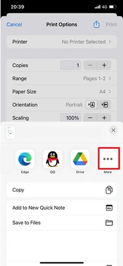 opção de impressão de pdf do ios