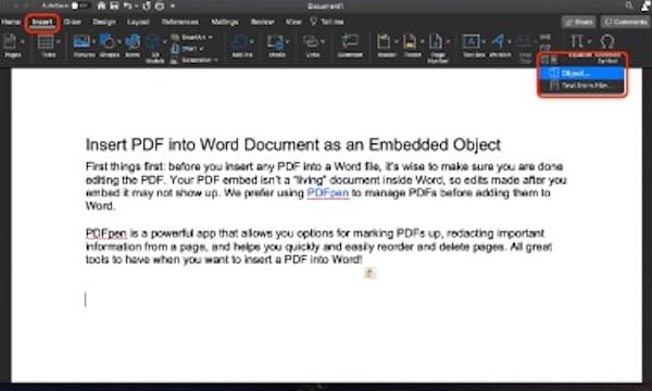 تضمين PDF في Word على نظام Mac