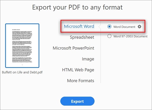Export PDF to Word in Adobe